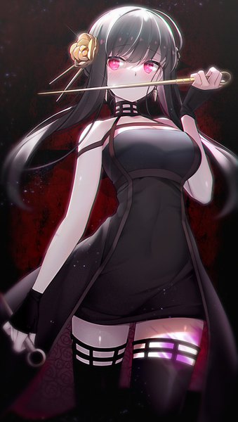 Anime picture 700x1239 with spy x family yor briar maronie. single long hair tall image fringe black hair hair between eyes looking away pink eyes from below zettai ryouiki sleeveless girl thighhighs dress weapon black thighhighs earrings