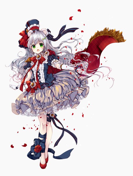 Anime picture 1253x1648 with original umino mizu single long hair tall image looking at viewer blush open mouth simple background white background green eyes animal ears silver hair full body outstretched arm girl dress gloves flower (flowers) ribbon (ribbons)