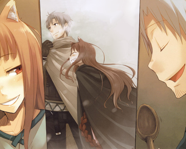 Anime picture 1280x1024 with spice and wolf horo craft lawrence ayakura juu long hair blush open mouth blue eyes smile red eyes brown hair standing animal ears silver hair tail eyes closed exhalation wolf ears wolf girl girl