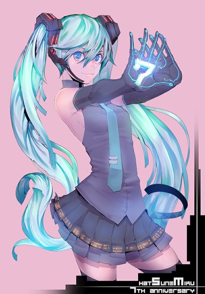 Anime picture 789x1127 with vocaloid hatsune miku stregoicavar single long hair tall image looking at viewer fringe blue eyes simple background smile standing twintails pleated skirt aqua hair outstretched arm pink background girl skirt gloves