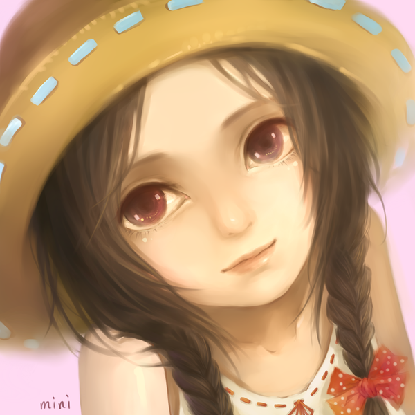 Anime picture 2480x2480 with original suaynnai wanzi single long hair looking at viewer highres brown hair brown eyes signed braid (braids) from above twin braids girl hat