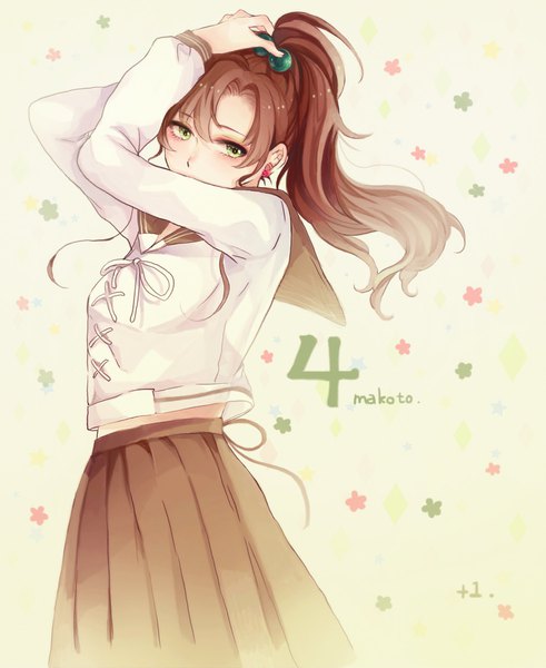 Anime picture 1678x2048 with bishoujo senshi sailor moon toei animation kino makoto +1 (yakusoku0722) single long hair tall image brown hair green eyes signed looking away ponytail character names floral background hands on head girl uniform earrings serafuku hair bobbles