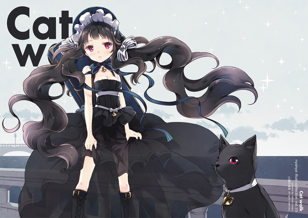 Anime picture 1000x709 with original nyanya long hair blush black hair red eyes girl dress bow hair bow animal boots cat bonnet