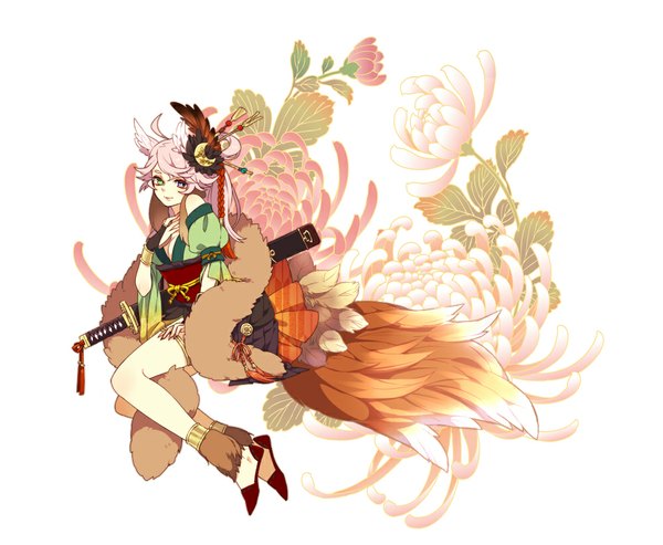 Anime picture 1000x823 with ni02 (asahi nini) single long hair looking at viewer simple background white background purple eyes bare shoulders green eyes animal ears pink hair tail traditional clothes animal tail fox ears heterochromia fox tail fox girl multiple tails girl