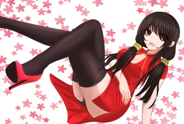Anime picture 1653x1122 with date a live tokisaki kurumi single long hair looking at viewer open mouth light erotic black hair pantyshot heterochromia crossed legs chinese clothes pantyshot sitting girl thighhighs underwear panties flower (flowers) black thighhighs shoes