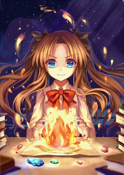 Anime picture 700x989 with fate (series) fate/stay night fate/zero type-moon toosaka rin mirror (xilu4) single long hair tall image blue eyes brown hair two side up magic looking down shaded face girl bow hair bow book (books) crystal