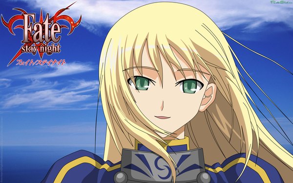 Anime picture 2560x1600 with fate (series) fate/stay night studio deen type-moon artoria pendragon (all) saber single long hair highres blonde hair wide image green eyes portrait girl