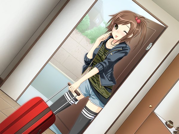 Anime picture 1200x900 with kokoro no sumika brown hair brown eyes game cg one eye closed wink one side up :p girl tongue hair bobbles luggage