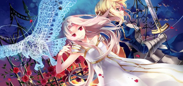 Anime picture 1500x709 with fate (series) fate/zero type-moon artoria pendragon (all) saber irisviel von einzbern lindypclo long hair short hair blonde hair red eyes wide image multiple girls green eyes cloud (clouds) white hair girl dress weapon 2 girls