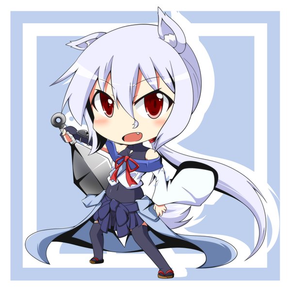 Anime picture 800x800 with original shachoo. single looking at viewer blush fringe open mouth simple background hair between eyes red eyes standing bare shoulders holding animal ears full body white hair very long hair traditional clothes japanese clothes arm up