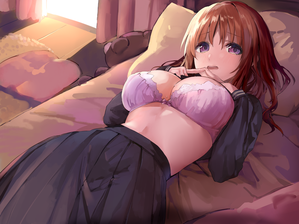 Anime picture 4000x3000 with original shiromonefu single long hair looking at viewer blush fringe highres breasts open mouth light erotic hair between eyes brown hair large breasts purple eyes absurdres cleavage indoors lying long sleeves