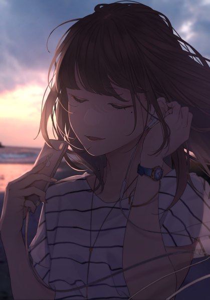 Anime picture 1668x2388 with original saitou (lynx-shrike) single long hair tall image fringe open mouth brown hair holding payot sky cloud (clouds) upper body outdoors blunt bangs eyes closed wind blurry mole short sleeves