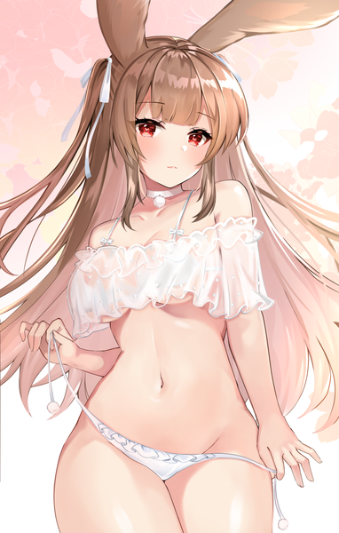 Anime picture 800x1255 with original katsushika pachi single long hair tall image looking at viewer blush fringe breasts light erotic red eyes brown hair large breasts standing bare shoulders holding animal ears payot blunt bangs head tilt