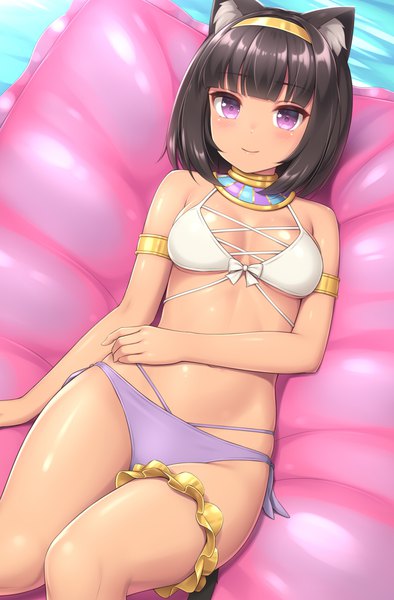 Anime picture 840x1280 with original sasaame single tall image looking at viewer blush fringe short hair breasts light erotic black hair smile purple eyes animal ears lying blunt bangs from above cat ears on back dark skin