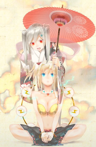 Anime picture 1050x1600 with original miso ni long hair tall image breasts open mouth blue eyes light erotic blonde hair red eyes sitting twintails multiple girls white hair indian style shared umbrella girl 2 girls umbrella bikini top