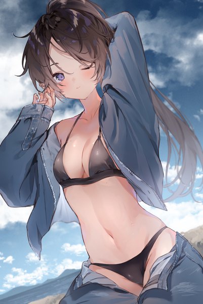 Anime picture 1283x1920 with original harui (hr x9 ) single long hair tall image looking at viewer blush fringe breasts blue eyes light erotic brown hair large breasts sitting sky cleavage cloud (clouds) outdoors ponytail long sleeves