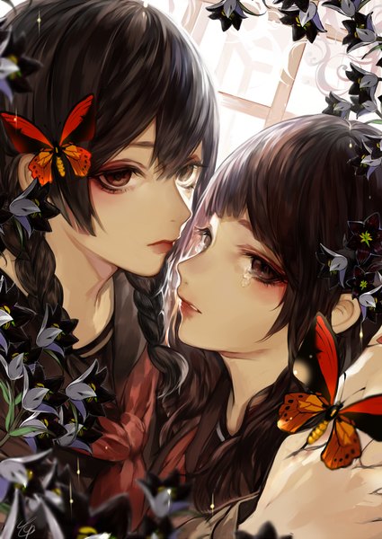 Anime picture 600x847 with original tcb (pixiv) long hair tall image looking at viewer blush fringe black hair multiple girls brown eyes upper body braid (braids) lips tears twin braids holding hands girl uniform flower (flowers) 2 girls
