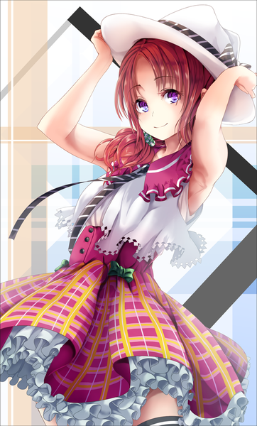 Anime picture 750x1241 with original hopper single long hair tall image blush smile brown hair purple eyes armpit (armpits) girl thighhighs dress bow black thighhighs hat necktie frills sundress scrunchie