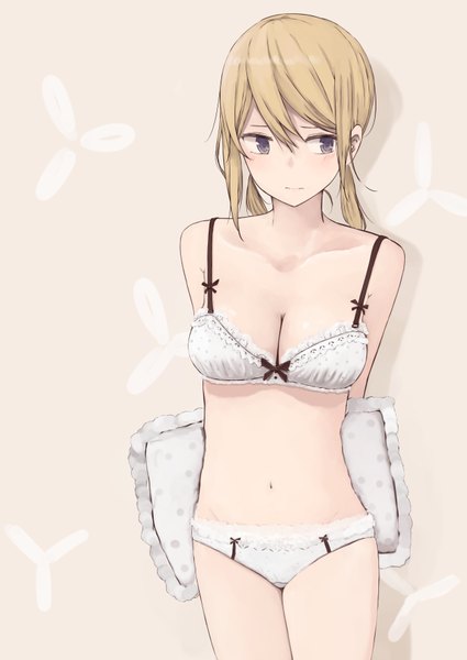 Anime picture 2508x3541 with original rutchifu single long hair tall image blush fringe highres blue eyes light erotic blonde hair standing twintails purple eyes looking away bare belly shadow underwear only hands behind back revision