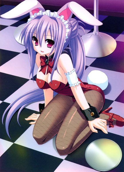 Anime picture 1500x2075 with tiny dungeon (game) rosebleu kuon itsuki single long hair tall image open mouth light erotic purple eyes bare shoulders animal ears cleavage purple hair ponytail animal tail scan bunny ears bunny girl bunny tail girl
