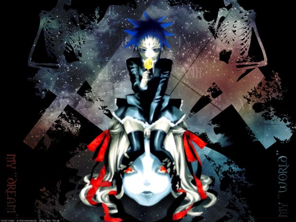 Anime picture 1600x1200 with d.gray-man road kamelot hoshino katsura schwindelmagier single looking at viewer blue eyes red eyes sitting signed blue hair white hair copyright name dated black background third-party edit licking skeleton girl thighhighs
