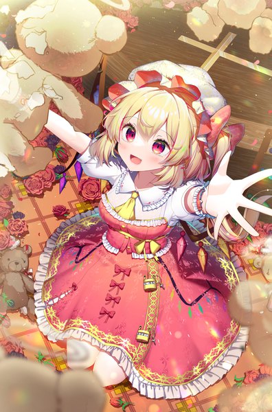 Anime picture 1350x2048 with touhou flandre scarlet kiramarukou single long hair tall image blush fringe open mouth blonde hair smile hair between eyes red eyes sitting indoors :d from above arms up one side up happy