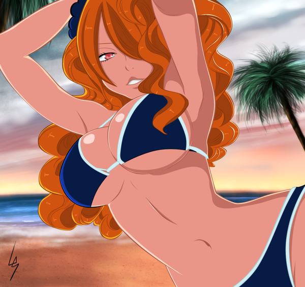 Anime picture 2118x1993 with fairy tail jenny realight gold-mk single long hair fringe highres light erotic sky cloud (clouds) pink eyes hair over one eye orange hair armpit (armpits) beach coloring curly hair girl navel swimsuit