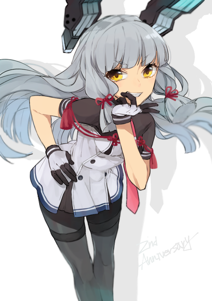 Anime picture 595x842 with kantai collection murakumo destroyer hita (hitapita) single long hair tall image looking at viewer fringe simple background smile white background yellow eyes grey hair shadow leaning leaning forward hand on hip text finger to mouth english