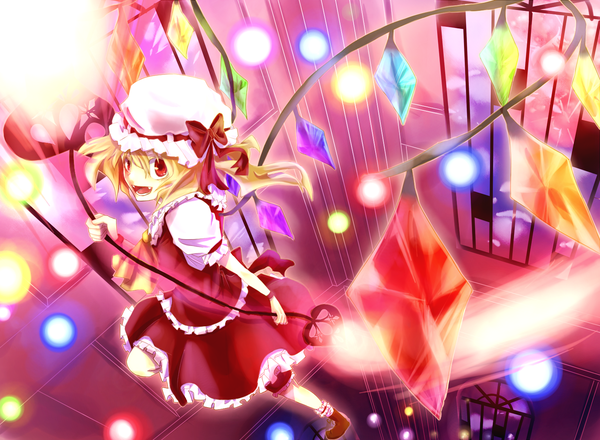 Anime picture 1500x1100 with touhou flandre scarlet 23ichiya short hair open mouth blonde hair red eyes looking back light girl dress skirt weapon wings bonnet skirt set crystal laevatein (touhou)