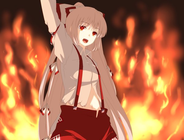 Anime picture 1940x1477 with touhou fujiwara no mokou miyo (ranthath) single long hair highres open mouth red eyes white hair arms up girl navel bow hair bow shirt fire