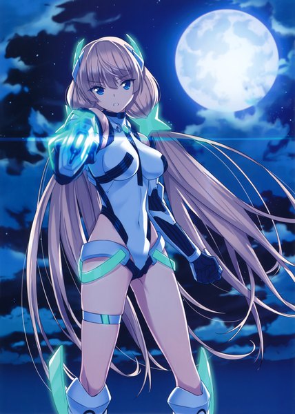 Anime picture 5555x7791 with expelled from paradise angela balzac saitom single tall image looking at viewer fringe highres breasts blue eyes light erotic blonde hair hair between eyes large breasts standing twintails absurdres cloud (clouds) very long hair scan