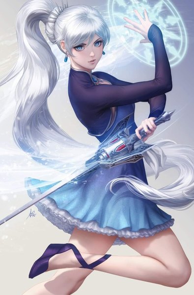 Anime-Bild 856x1300 mit rwby rooster teeth weiss schnee artgerm (stanley lau) single long hair tall image looking at viewer fringe blue eyes hair between eyes standing holding white hair ponytail long sleeves parted lips high heels thighs magic