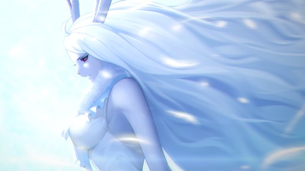 Anime picture 1920x1080 with one piece toei animation carrot (one piece) zhang ding single highres breasts open mouth simple background red eyes wide image animal ears looking away upper body ahoge white hair very long hair profile teeth bunny ears