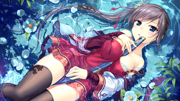 Anime picture 1280x720 with sen no hatou, tsukisome no kouki bekkankou single long hair looking at viewer blush open mouth blue eyes light erotic wide image game cg purple hair lying parted lips wide sleeves official art :o on back partially submerged strap slip