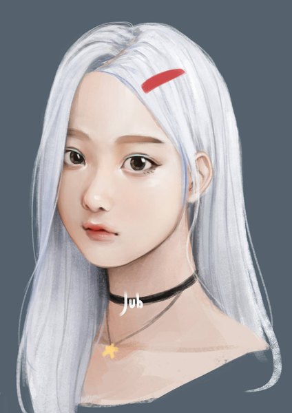 Anime picture 1191x1684 with original mio (jubi) jubi (regiana) single long hair tall image looking at viewer brown eyes signed white hair realistic grey background lipstick portrait red lipstick no glasses girl choker hairclip star (symbol)