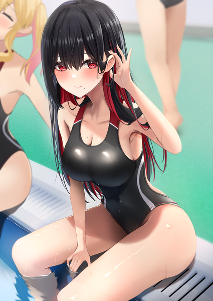 Anime picture 2508x3541 with original amane sora long hair tall image looking at viewer blush fringe highres breasts light erotic black hair hair between eyes red eyes large breasts multiple girls multicolored hair arm up mole two-tone hair wet