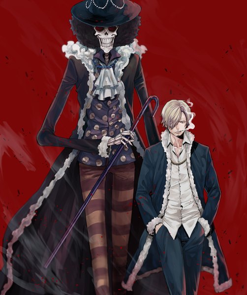 Anime picture 1813x2164 with one piece toei animation sanji brook (one piece) yuu (1969loy) tall image looking at viewer fringe highres short hair black hair simple background blonde hair holding long sleeves wind hair over one eye open clothes multiple boys fur trim