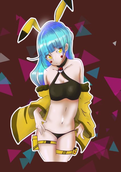 Anime picture 4961x7016 with pokemon original nintendo pikachu rainbow d fox single long hair tall image looking at viewer blush fringe highres breasts light erotic simple background standing yellow eyes absurdres blunt bangs off shoulder
