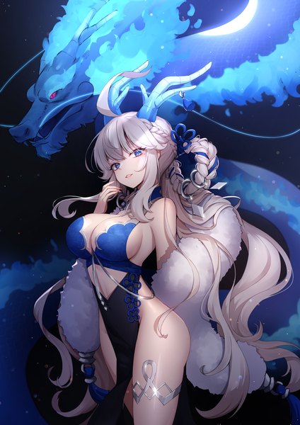 Anime picture 2480x3508 with eversoul honglan (eversoul) ango single long hair tall image looking at viewer fringe highres breasts blue eyes light erotic simple background large breasts standing cleavage silver hair braid (braids) horn (horns) light smile