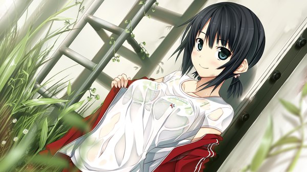 Anime picture 2560x1440 with monobeno alishima alice cura blush highres short hair blue eyes light erotic black hair smile wide image game cg wet clothes girl uniform plant (plants) gym uniform