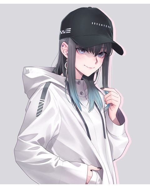 Anime picture 1000x1250 with original chimachi single long hair tall image looking at viewer blush fringe blue eyes black hair simple background smile hair between eyes payot upper body long sleeves nail polish multicolored hair arm up fingernails