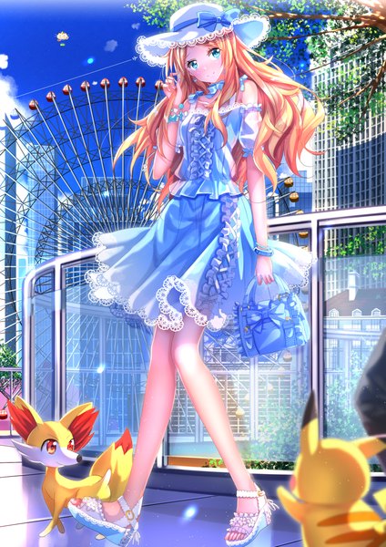 Anime picture 1102x1560 with pokemon pokemon xy nintendo pikachu serena (pokemon) fennekin swordsouls single long hair tall image blush blue eyes blonde hair full body city gen 1 pokemon gen 6 pokemon girl dress bow