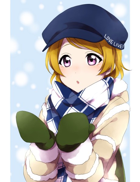 Anime picture 1000x1300 with love live! school idol project sunrise (studio) love live! koizumi hanayo sekina single tall image blush short hair brown hair purple eyes looking away :o copyright name snowing winter girl hat scarf winter clothes