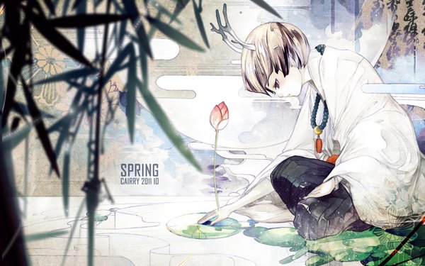 Anime picture 1440x900 with original yaomou meizi single short hair brown hair wide image purple eyes traditional clothes profile horn (horns) inscription text pale skin english boy flower (flowers) plant (plants) beads