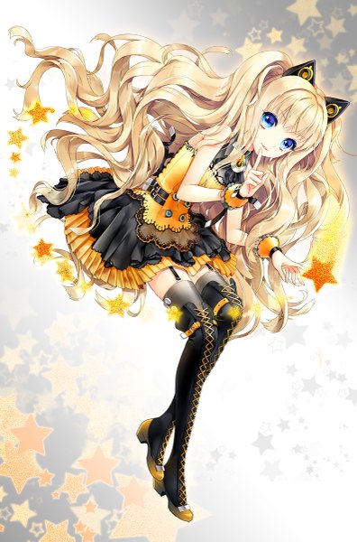 Anime picture 793x1200 with vocaloid seeu cocoon (loveririn) single long hair tall image looking at viewer blue eyes blonde hair animal ears cat ears finger to mouth lacing girl thighhighs dress black thighhighs star (symbol) thigh boots wrist cuffs