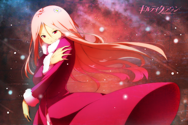 Anime picture 1200x800 with guilty crown production i.g ouma mana single long hair smile red eyes pink hair girl hair ornament coat