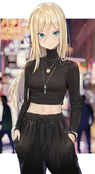 Anime picture 1120x2048 with original kotona matome isegawa yasutaka long hair tall image looking at viewer blush fringe breasts blonde hair hair between eyes standing green eyes long sleeves blurry midriff depth of field letterboxed solo focus hands in pockets
