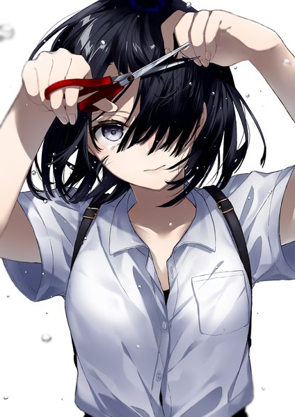 Anime picture 1488x2105 with original sogawa single tall image fringe short hair black hair white background holding head tilt hair over one eye arms up short sleeves grey eyes tears adjusting hair open collar crying hairdressing cutting hair