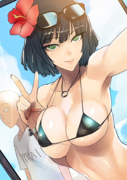 Anime picture 800x1130 with one-punch man madhouse fubuki (one-punch man) saitama (one-punch man) ban! (bansankan) tall image looking at viewer fringe short hair breasts light erotic black hair smile large breasts green eyes sky cloud (clouds) upper body outdoors nail polish
