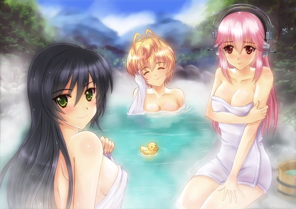 Anime picture 3508x2480 with nitroplus super sonico watanuki fuuri fujimi suzu sawwei005 long hair looking at viewer blush highres short hair light erotic black hair blonde hair smile red eyes bare shoulders multiple girls green eyes pink hair absurdres